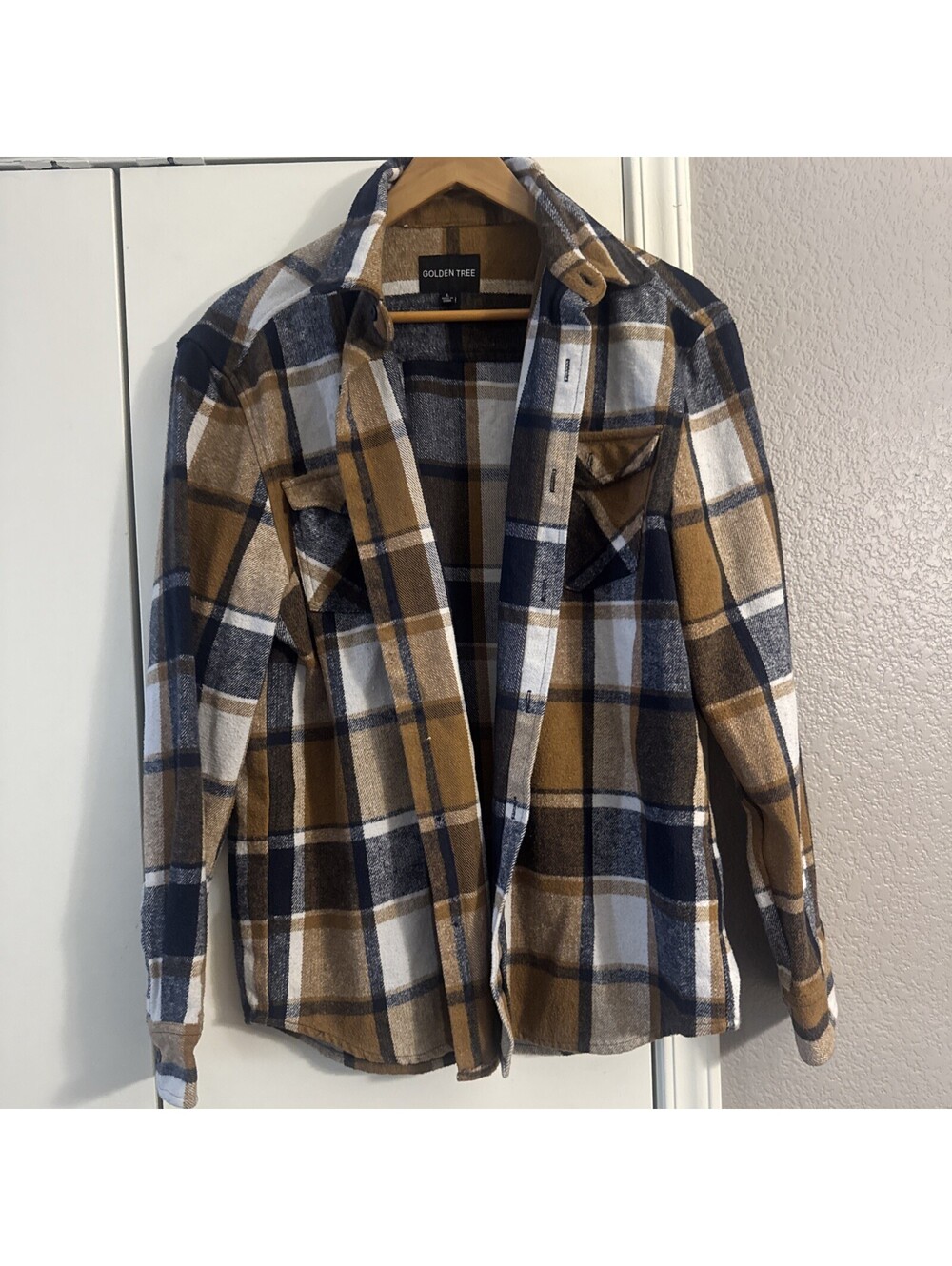 Golden Tree Mens Long Sleeve Plaid Flannel Shirt Button Up Brown Cream Size L